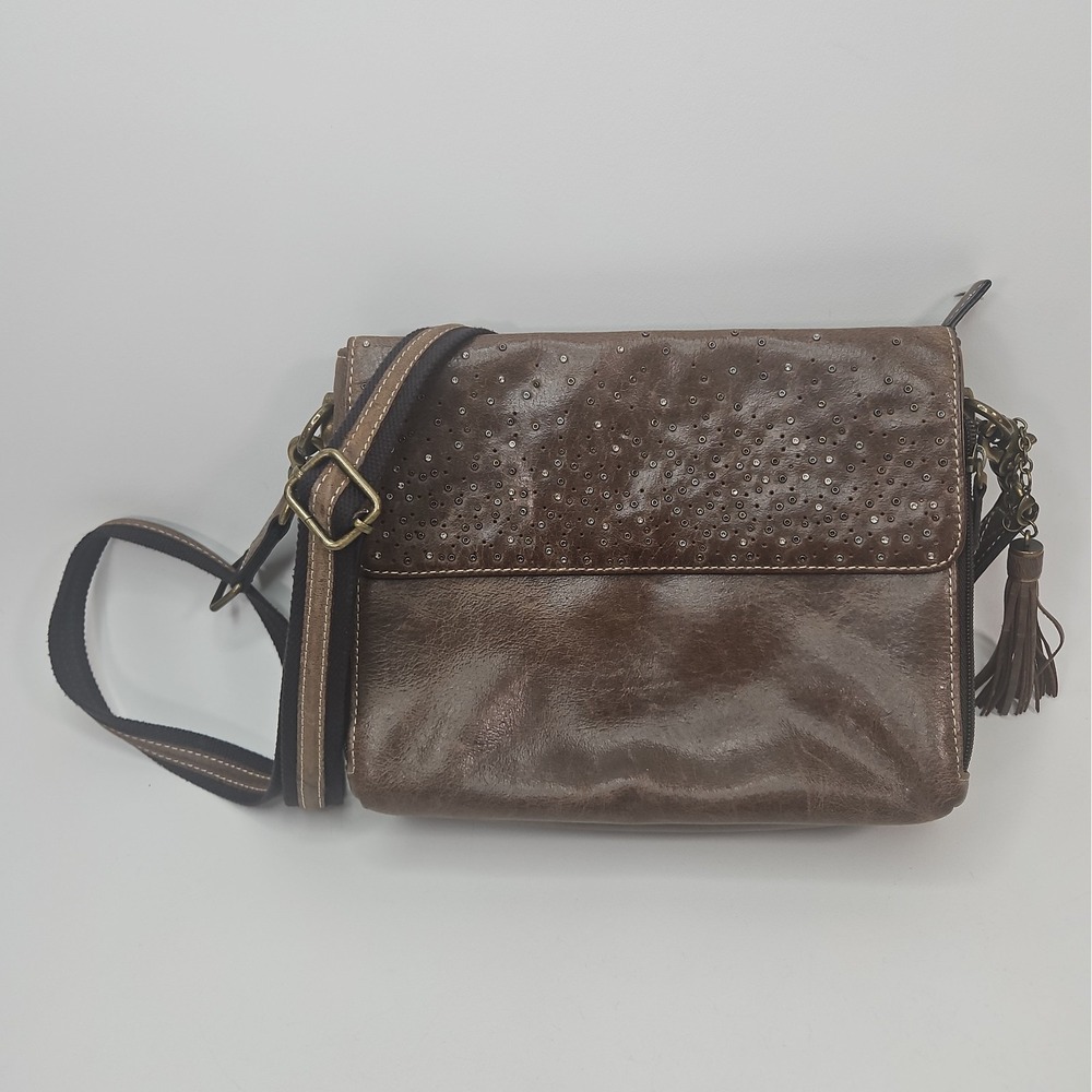 Gun Tote'n Mamas Brown Distressed Leather Studded Crossbody Handbag
